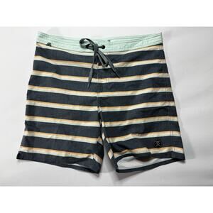 Roark Men's Drawstring Gray Blue Orange Striped Swim Board Shorts - Size 31x6
